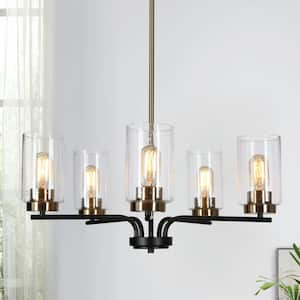 Zevni 27 in. 6-Light Modern Black Island Chandelier, Seeded Glass Brass ...