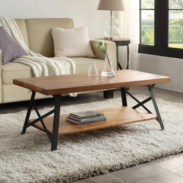 Harper & Bright Designs 44 in. Brown/Black Large Rectangle Wood Coffee Table with Metal Legs