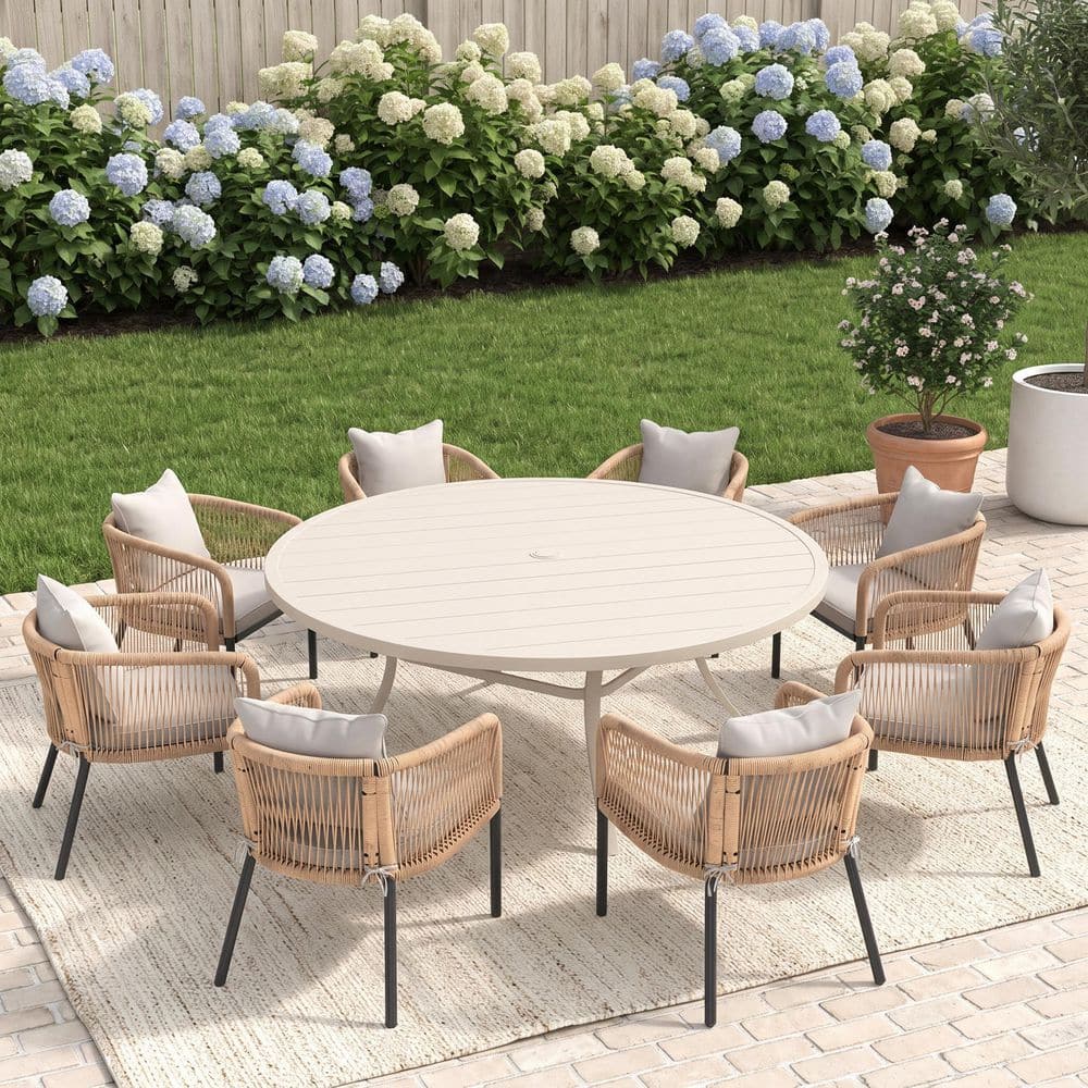 9-Piece 60 in. Sandshell Metal Round Slatted Outdoor Dining Set with 8 Wheat Wicker Rope Chairs with White Cushions price history on PriceWatchPro