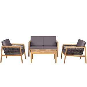 4PCS Patio Acacia Wood Furniture Set PE Rattan Conversation Set w/Grey Cushions