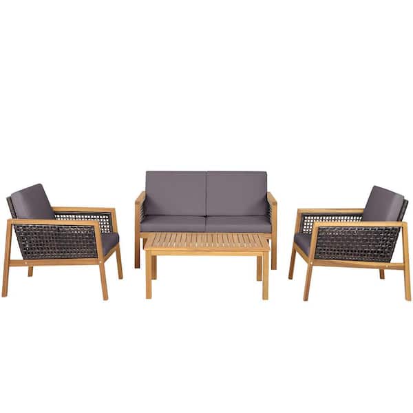 Gymax 4PCS Patio Acacia Wood Furniture Set PE Rattan Conversation Set w/Grey Cushions