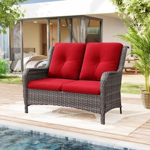 Brown Wicker Outdoor Patio Loveseat 2-Seat Sofa Couch with Red Cushions