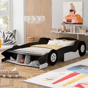 Black Full Size Race Car-Shaped Kids Bed Platform Bed with Wheels and Shelf