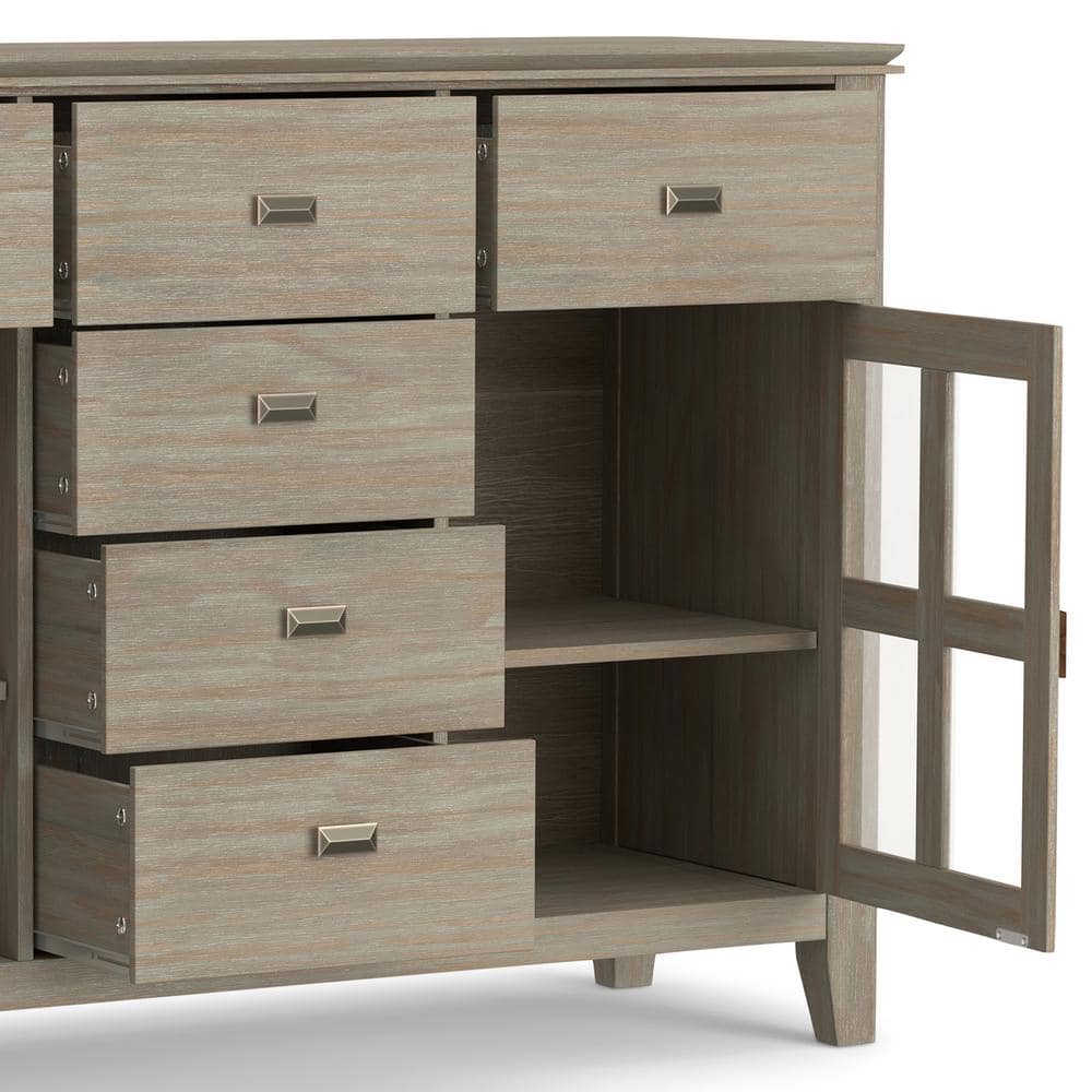 Distressed Gray Pine Sideboard Buffet with Antique Bronze Handles