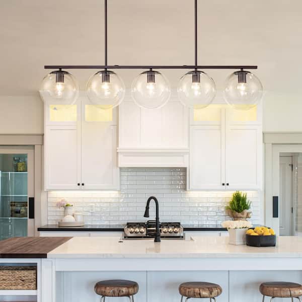 Shellman 5-Light Oil Rubbed Bronze Chandelier Linear Kitchen Island Pendant with Globe Glass Shades