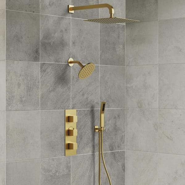 5-Spray Square 12 in. Rain Wall Mount Shower System with 6 in. Shower Head Handheld shower in Brushed Gold 2.5 GPM