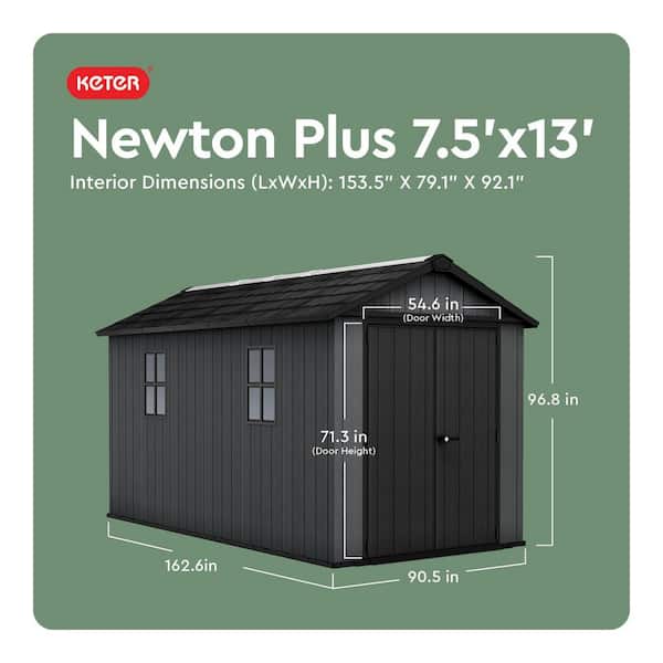 Newton Plus 7.5 ft. W x 13 ft. D Durable Resin Plastic Storage Shed with Floor Graphite 87 sq. ft.
