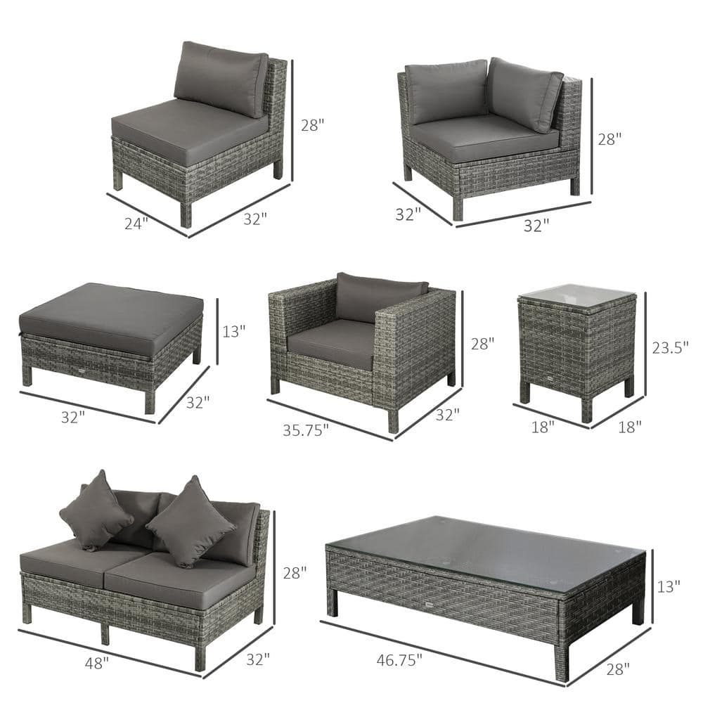 Gray 7-Person PE Rattan Outdoor Sectional Sofa Set with Cushions
