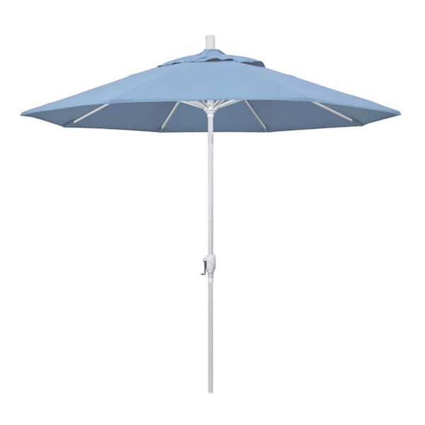 California Umbrella 9 ft. White Aluminum Pole Market Aluminum Ribs Push Tilt Crank Lift Patio Umbrella in Air Blue Sunbrella