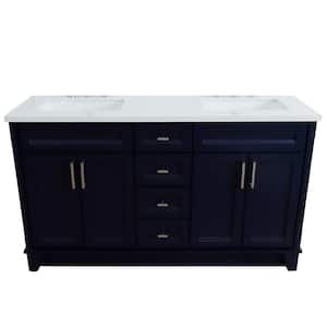 61 in. W x 22 in. D Double Bath Vanity in Blue with Quartz Vanity Top in White with White Rectangle Basins