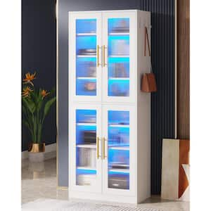 Eulas 66.93 in. Tall White Engineered Wood 8-Shelf Bookcase Bookshelf with Door and LED Light