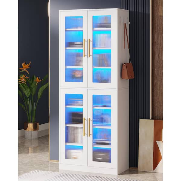 BYBLIGHT Eulas 66.93 in. Tall White Engineered Wood 8-Shelf Bookcase Bookshelf with Door and LED Light