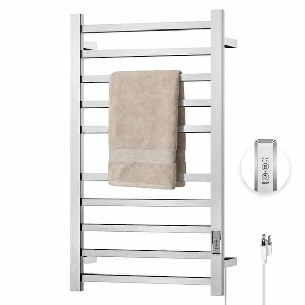 Nickel 10-Bar Wall-Mounted Electric Towel Warmer Rack with Built-in Timer, Fast Heating, Silver Finish