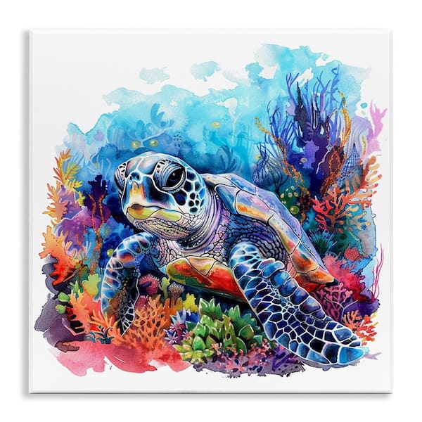 Undersea Turtle and Coral by LSR Design Studio Unframed Animal Graphic Art Print 12 in. x 12 in.