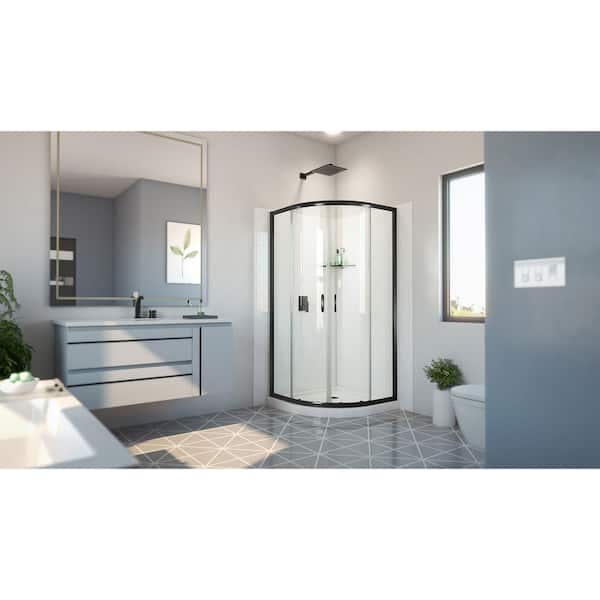 Prime 36 in. W x 36 in. D x 78-3/4 in. H Sliding Corner Shower Kit Base and White Wall in Matte Black and Clear Glass