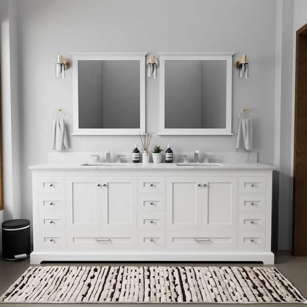 Dukes 84 in. W x 22 in. D White Double Bath Vanity, Carrara Marble Top, and 34 in. Mirrors