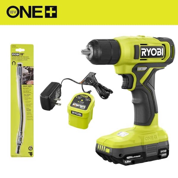 ONE+ 18V Cordless 3/8 in. Drill/Driver Kit with 1.5 Ah Battery, Charger, and 11 in. Flexible Shaft Bit Holder