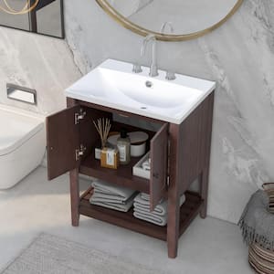 24 in. W x 17.8 in. D . x 33.6 in . H Freestanding Bathroom Vanity in Brown with Open Shelf and Elegant Ceramic Sink Top