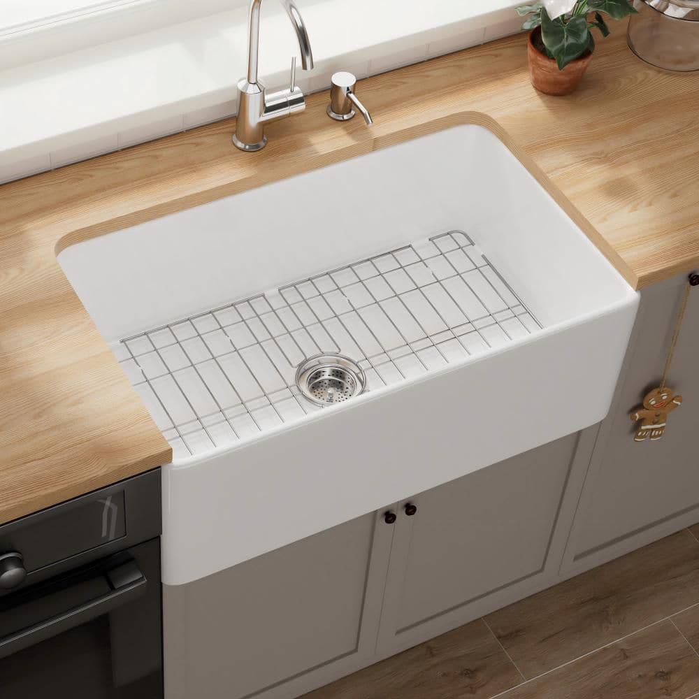 Kuomih White Fireclay 30 in. Single Bowl Corner Farmhouse Apron