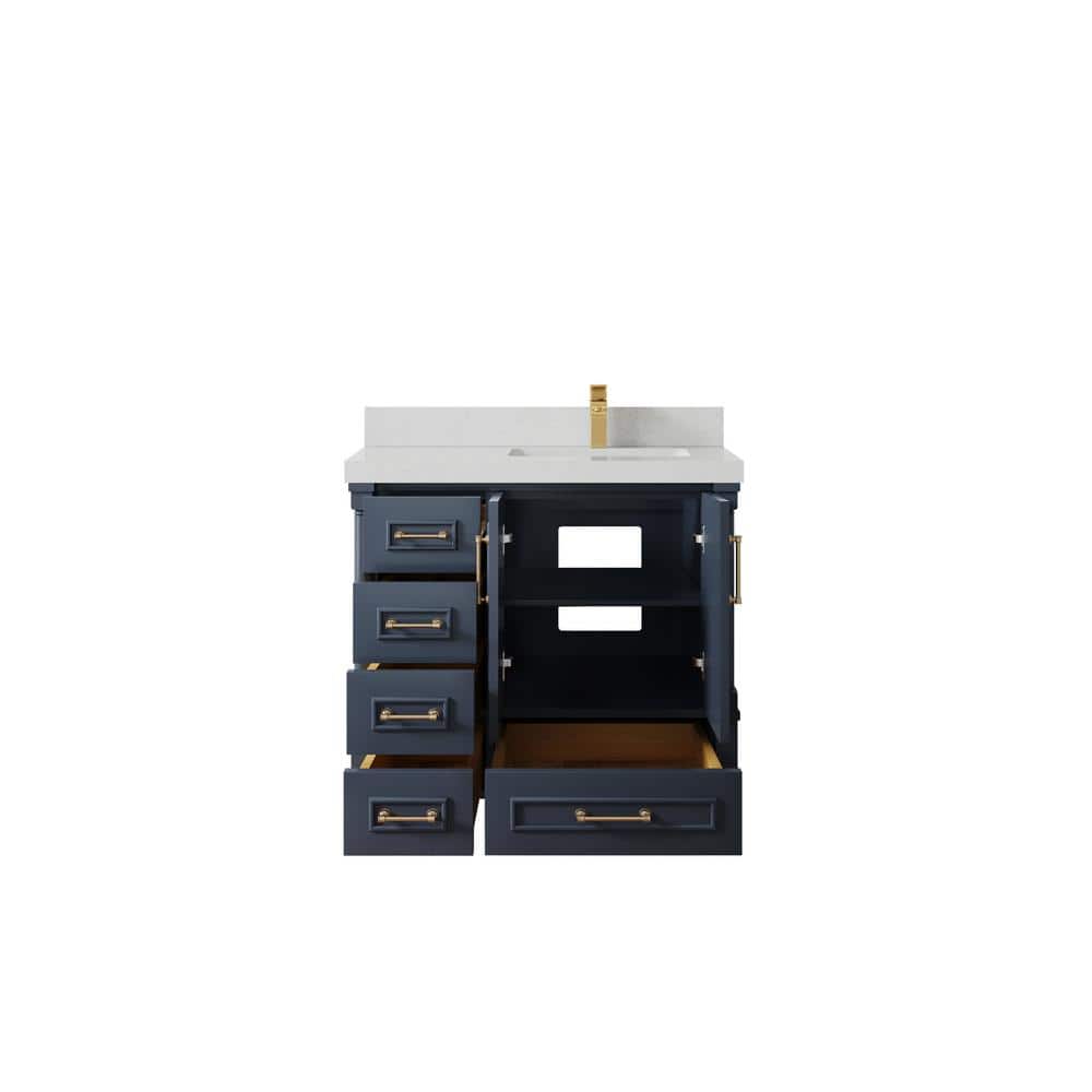 Hudson 36" Navy Blue Solid Wood Freestanding Vanity with White Quartz Top