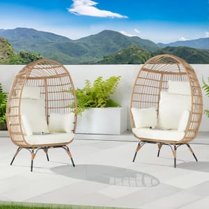2 Pieces Oversized Outdoor Brown Rattan Egg Chair Patio Chaise Lounge Indoor Living Room Basket Chair with Beige Cushion