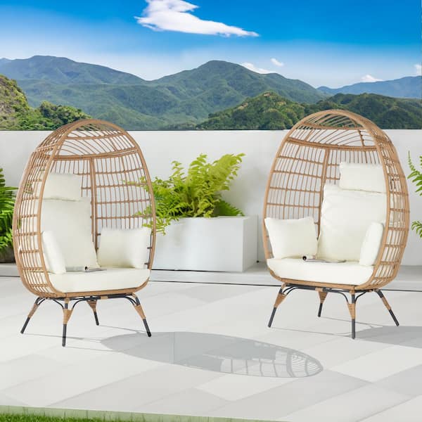 SANSTAR 2 Pieces Oversized Outdoor Brown Rattan Egg Chair Patio Chaise Lounge Indoor Living Room Basket Chair with Beige Cushion