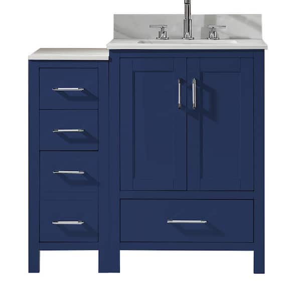 Xspracer Foyil 36 in. W x 22 in. D x 34 in. H Vanity in Blue with Engineer Stone Top in White and Porcelain Underbasin in White