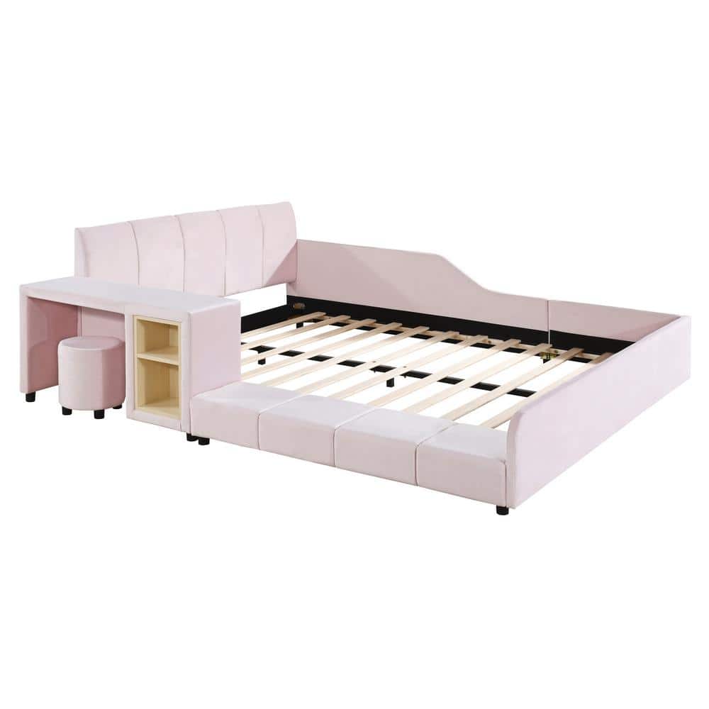 Pink Modern Luxury Wood Frame Queen Size Soft Velvet Upholstered Platform Bed with Bedside Desk and Round Stool