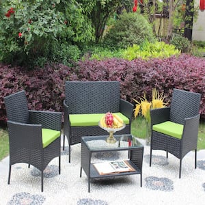 4-Piece Rattan Patio Furniture Set Outdoor Patio Cushioned Seat Wicker Sofa with Green Cushions