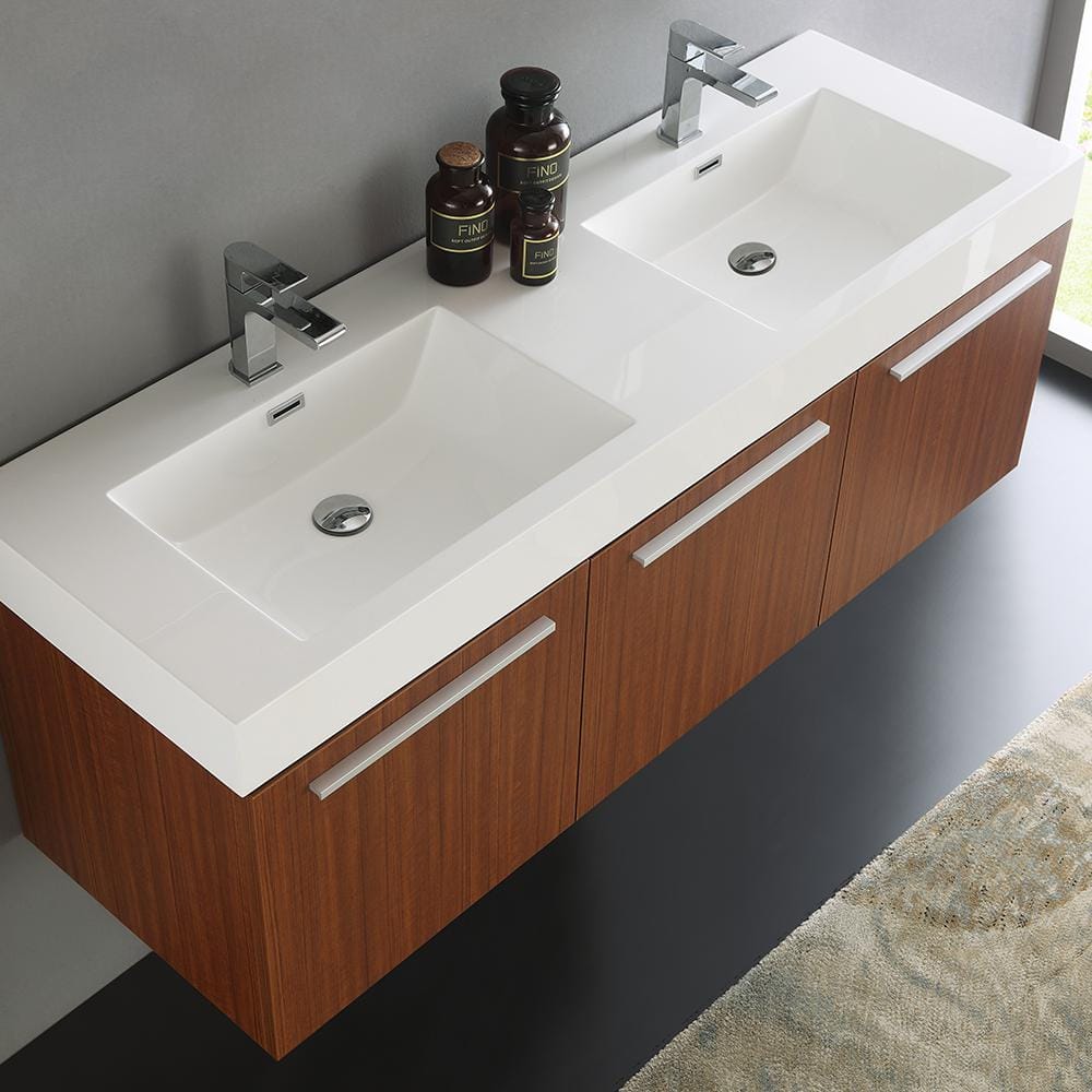 Teak Wall-Mounted Double Vanity with White Acrylic Sink