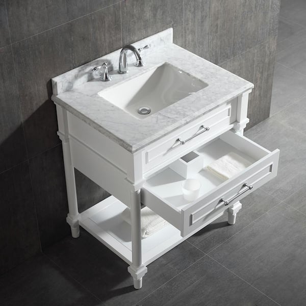 Carrara Marble Top And Undermount Sink, White Vanity With Shelf