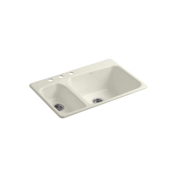 KOHLER Lakefield Self-Rimming Drop-in Cast Iron 20.75 in. 3-Hole Double Kitchen Sink in Biscuit-DISCONTINUED
