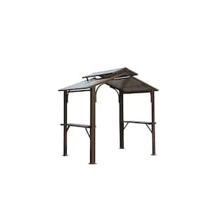 Sandgo 8 ft. x 5 ft. Hardtop Steel Frame BBQ Grill Gazebo in Brown with Double Galvanized Steel Roofs and 2 Side Shelves