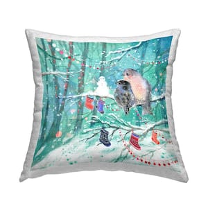 Birds in Winter Forest Blue Square Outdoor Throw Pillow