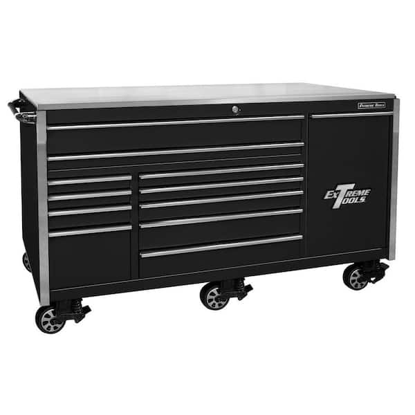 Extreme Tools 76 in. 12-Drawer Professional Roller Cabinet Includes Vertical Power Tool Drawer & Stainless Steel Work Surface in Black