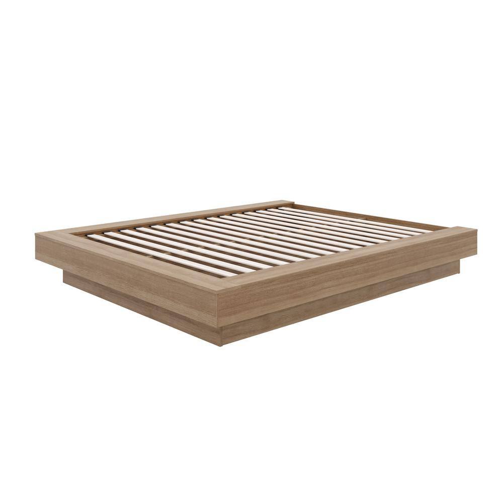 Natural Oak Queen Upholstered Platform Bed Frame