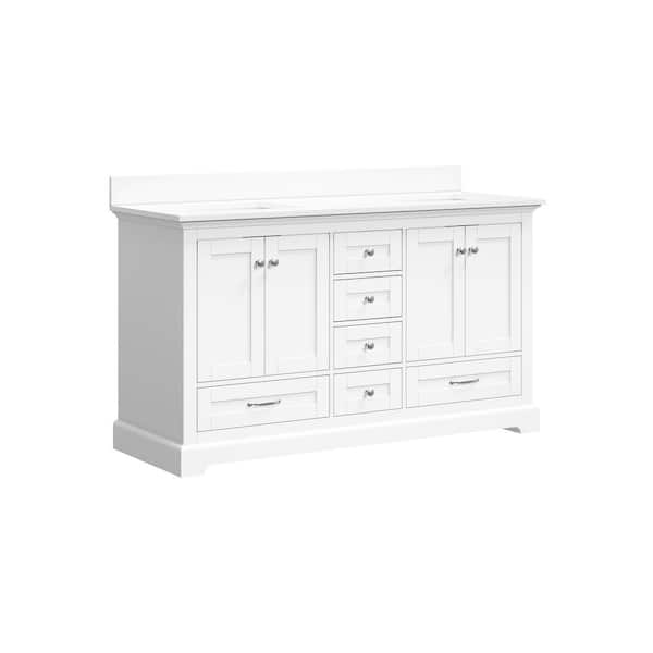 Fully Assembled 60 in. Solid Wood Freestanding Double Sink White Bath Vanity with Pure White Cultured Marble Top