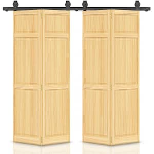 48 in. x 80 in. Traditional 6 Panel Natural Wood Solid Core Double Bi-Fold Barn Door with Sliding Hardware Kit