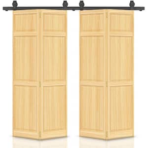 60 in. x 80 in. Traditional 6-Panel Natural Wood Solid Core Double Bi-Fold Barn Door with Sliding Hardware Kit