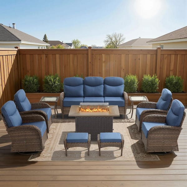 High Crescent 10-Piece Brown Wicker Patio Conversation Set with Blue Cushions and Wicker Fire Pit Table