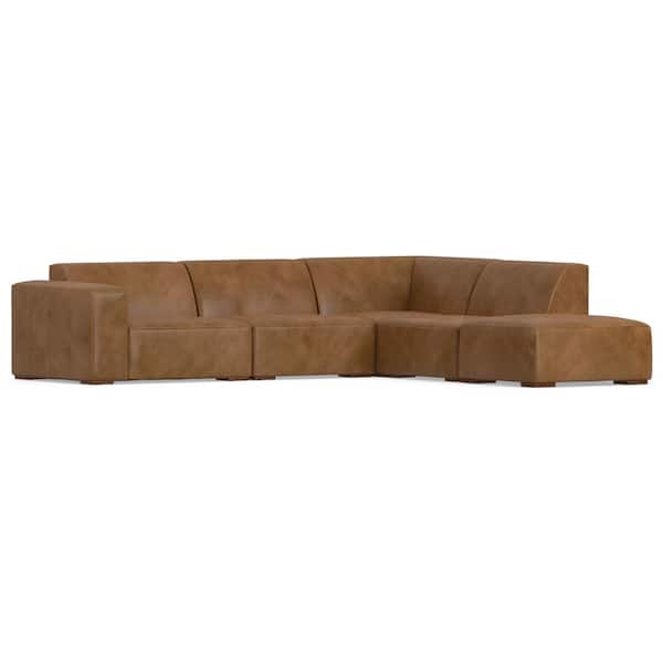 Simpli Home Rex Right Corner Sectional Modular Sofa with Ottoman in Genuine Leather