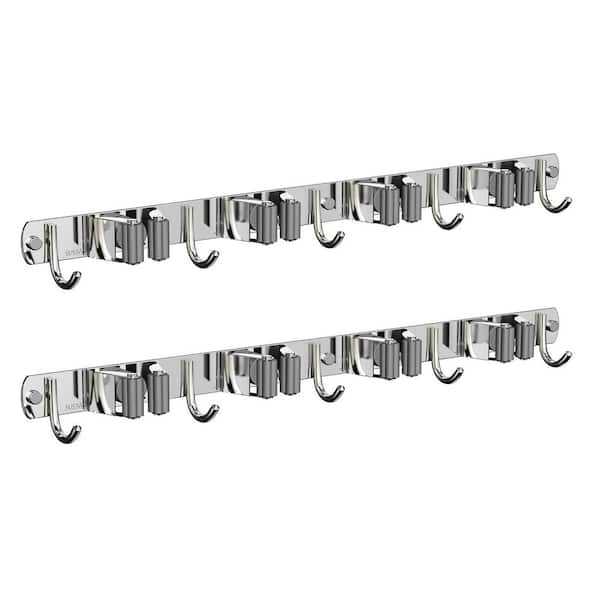 4-Racks and 5-Hooks Wall Mount Mop and Broom Holder for Kitchen Garden Room Wall Decor and Storage, Silver