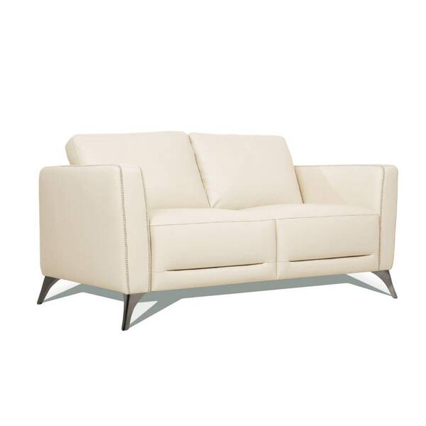 Benjara 34 in. Cream Solid Leather 2-Seater Loveseat with Track Arms and Angled Metal Feet