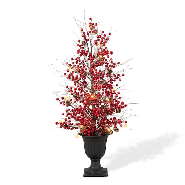 Glitzhome 3 ft. Pre-Lit Lighted Berry and Pine Cone Urn Artificial Christmas Tree Porch Tree
