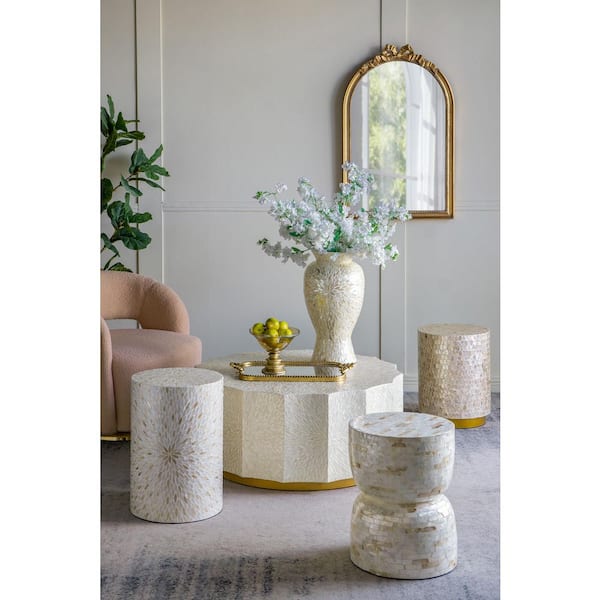 13.8 in. Gold/White Round Wood End Table