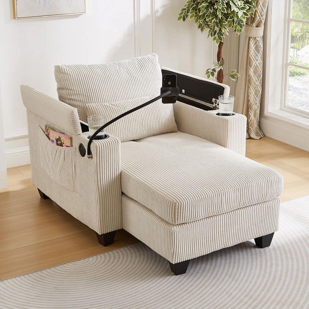 Harper & Bright Designs Beige Corduroy Convertible Chaise Lounge 37.4 ...