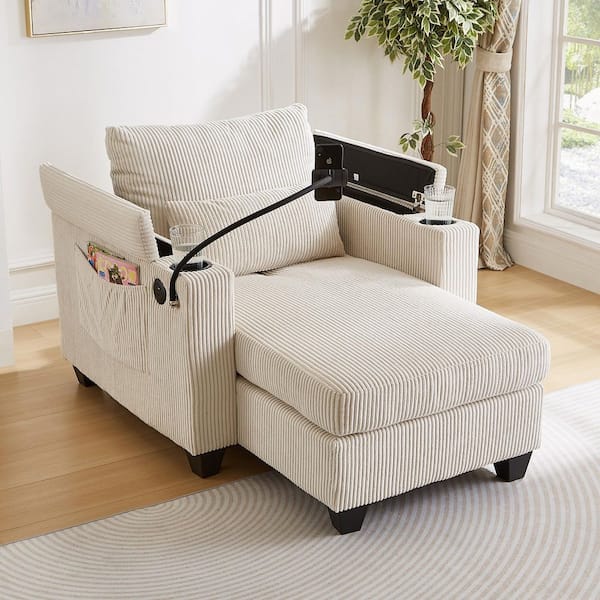 Beige Corduroy Convertible Chaise Lounge 37.4 in. Single Sofa Chair with Storage Armrests, USB Ports, Phone Holder