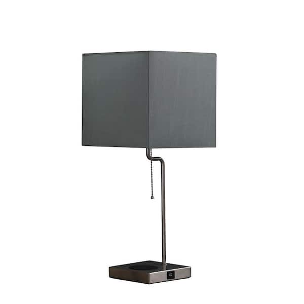 ORE International 21.5 in. Aston Brushed Silver Square Table Lamp with Charging Station