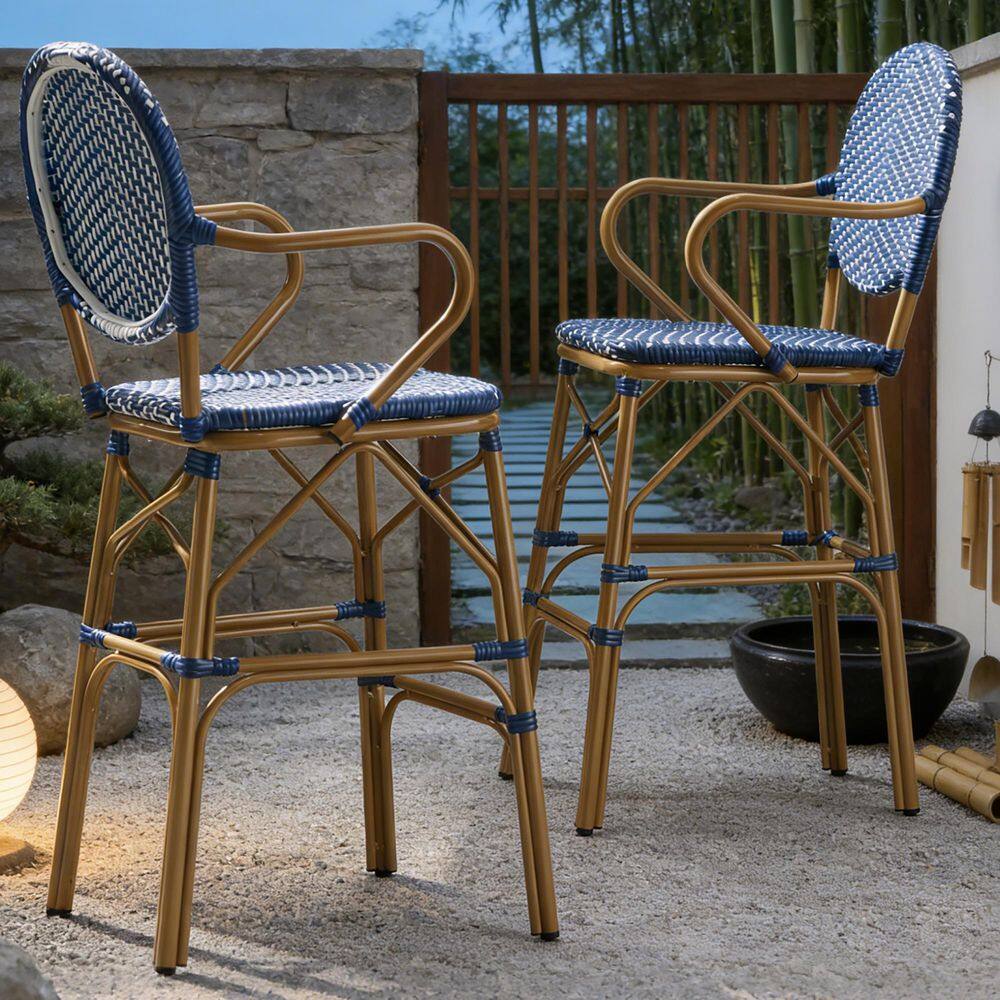 Navy Blue Bamboo Print Finish Wicker and Aluminum Outdoor French Bar Stool (2-Pack) price history on PriceWatchPro