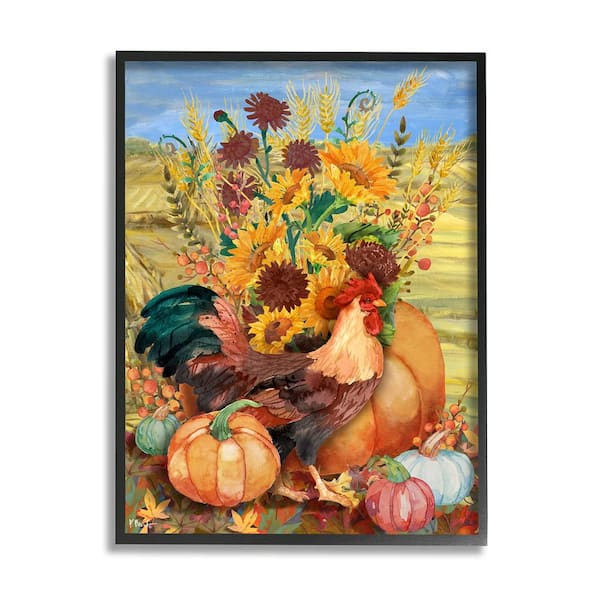 Stupell Industries Autumnal Rooster & Sunflowers by Paul Brent 1 Piece Framed Graphic Print Animal Poster Art Print 14 in. x 11 in.